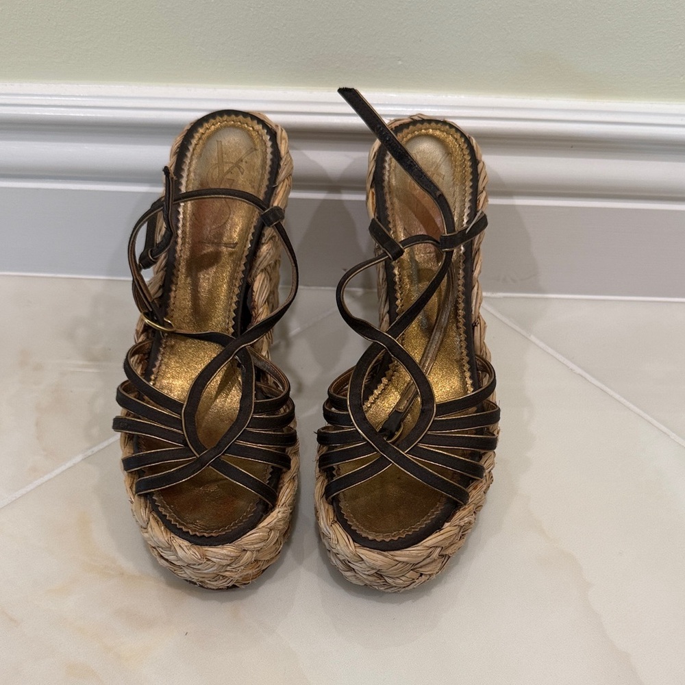Yves Saint Laurent Brown and Gold Espadrille Sandals